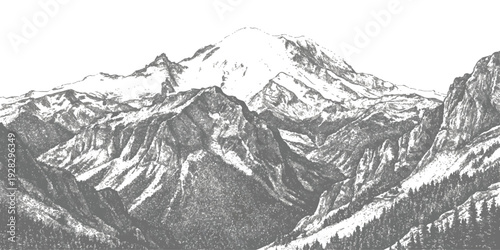 Detailed vintage engraving style mountain landscape vector illustration featuring snow capped peaks and forest wilderness for outdoor adventure