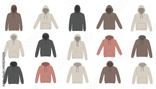 Collection of Hoodies in Various Neutral Colors Displayed Front View Isolated on White Background