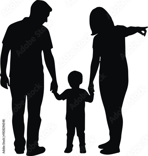 Family silhouette vector, mother father holding child hands together isolated on white background parenting concept illustration