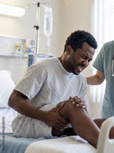 Sickle Cell Disease: Professional photography, African American patient clutching a painful joint, hospital setting, IV drip in background, realistic pain, soft clinical lighting.