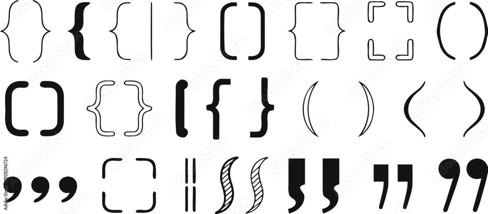 Fototapeta premium Black Silhouette of Curly Braces Parentheses Angle Quotation Marks Isolated on White 
