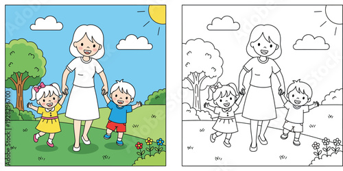 Coloring book page for kids showing happy mother holding hands with son and daughter walking in nature park, cute cartoon family vector illustration with black and white outline