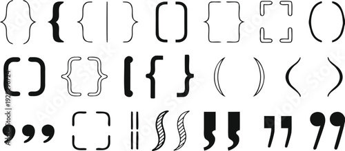 Black Silhouette of Curly Braces Parentheses Angle Quotation Marks Isolated on White
