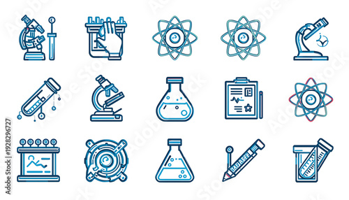 A set of blue vector icons depicting various science and laboratory equipment on a white background