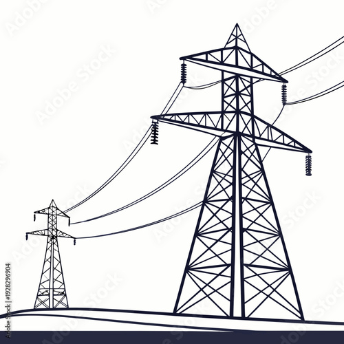 Power transmission towers with wires on white background