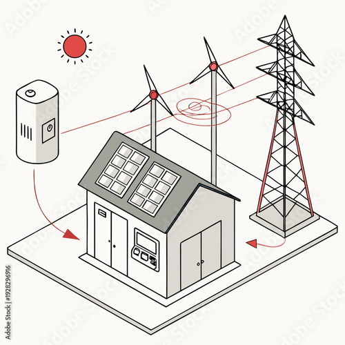 Solar panels on house with wind turbines and power transmission tower