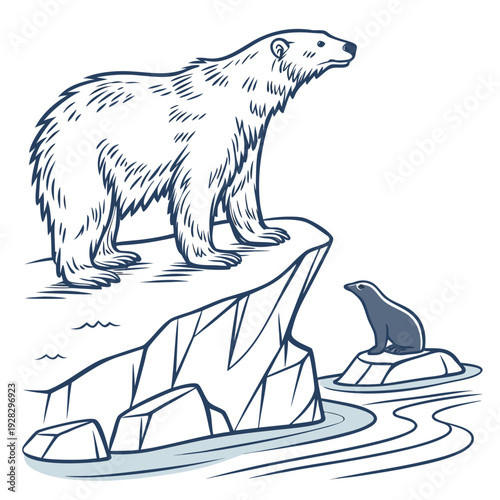 Polar bear standing on iceberg with seal ocean water