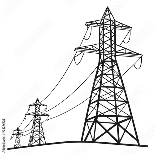 Black and white of power transmission towers and lines