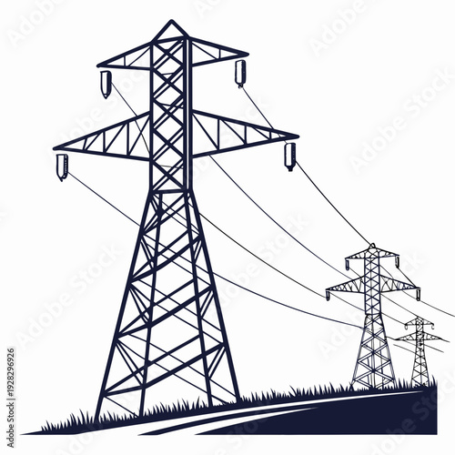 Power transmission towers on grassy hill with wires