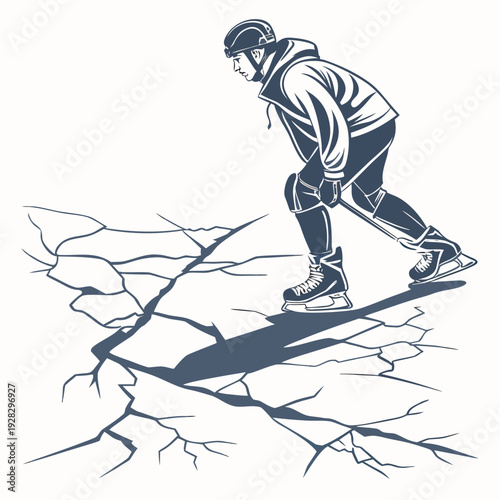 Man ice skating on cracked ice skate helmet jacket