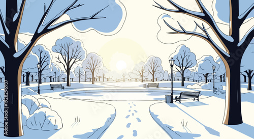 Flat 2D vector illustration of a serene snowy city park with bare trees, walking paths, and benches under a sunny sky.