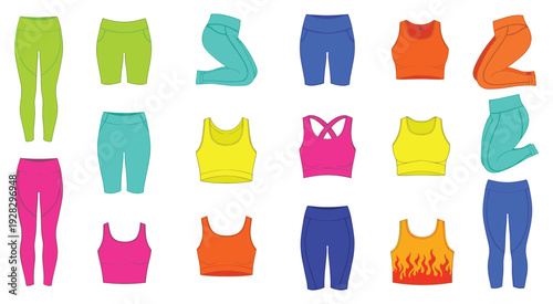 Colorful Athletic Apparel Collection: Sports Bras and Leggings for Fitness Isolated on white background
