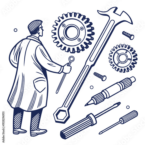 Man in lab coat holding wrench surrounded by tools and gears