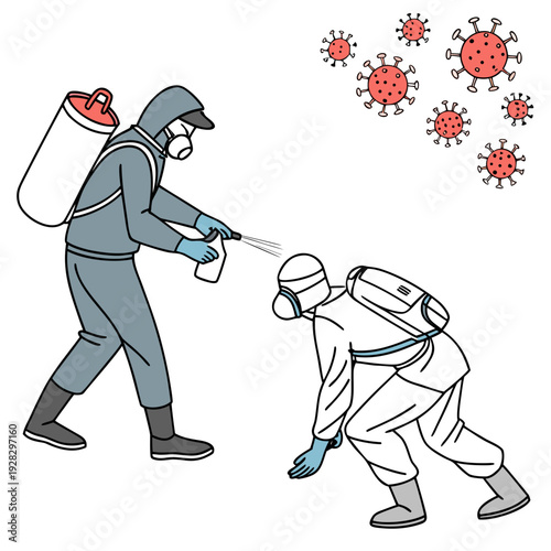 Person in hazmat suit spraying disinfectant at another person with virus particles in the air