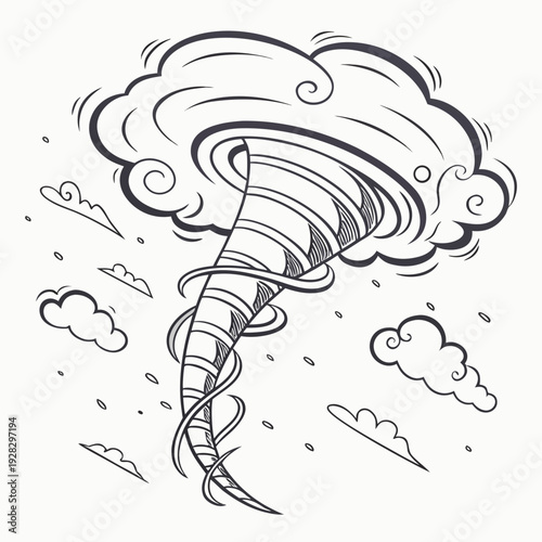 Black and white of a altitude tornado with swirling clouds