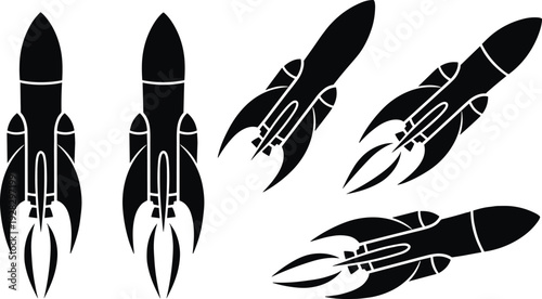Black and white rocket ship in various flight positions space spacecraft