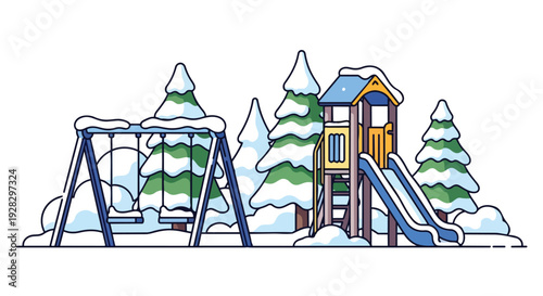 A colorful, flat 2D vector illustration of a snowy playground with a swing set and playhouse in a city park during winter.
