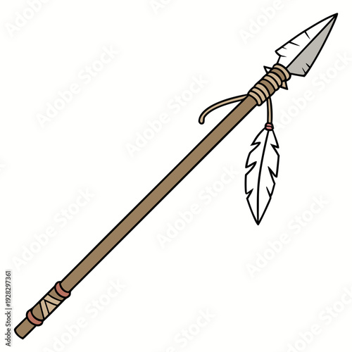 Tribal spear with stone tip and feathers primitive