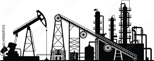 Industrial oil extraction and refining facility depicted as a black silhouette with pumpjack and complex machinery against a white background