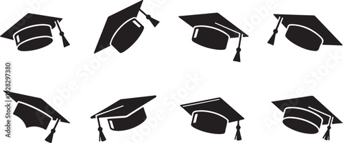 Eight graduation caps displayed in two rows of four, symbolizing academic achievement and celebration