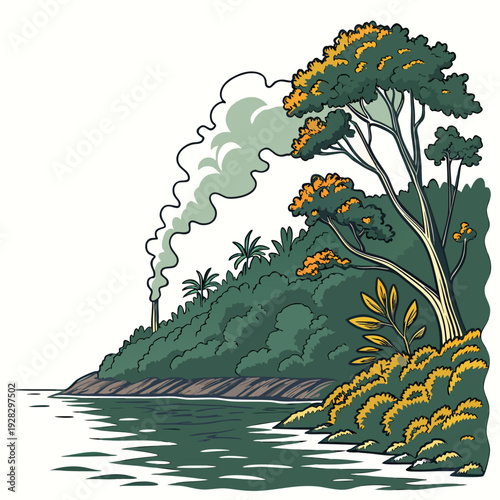 Of a polluted tropical island with smokestacks pollution