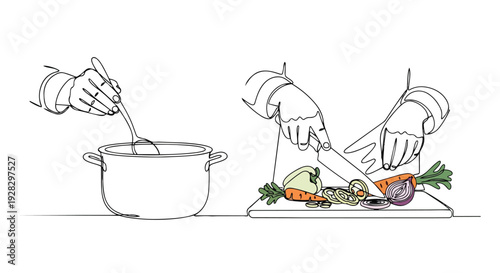 Continuous line drawing of a chef's hands chopping vegetables on a cutting board next to a pot in a horizontal cooking scene.