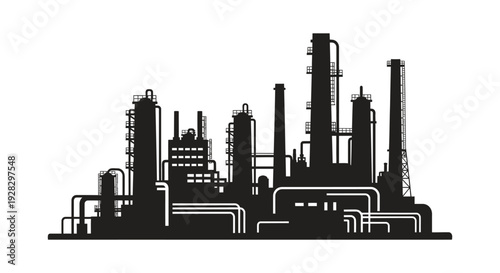 A stark black silhouette depicts a complex industrial landscape with refinery towers and pipelines silhouette high quality professional