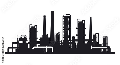 A stark black silhouette depicts a complex industrial cityscape of oil refineries and smokestacks silhouette high quality professional
