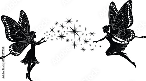 Fairy silhouette illustration, magical winged girls, fantasy sparkles, enchanted fairytale characters, mystical flying women, black and white artwork vector design