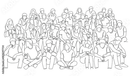 Diverse Crowd Sitting and Looking Down Some Using Phones Line Art Vector Isolated on White Background