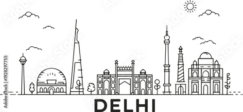 Outline of the Delhi skyline featuring iconic landmarks under a bright sun and clouds India architecture