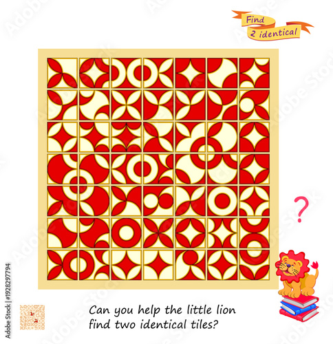 Can you help the little lion find two identical tiles? Logic puzzle for children and adults. Game Seek and Find. Brain teaser book. Task for the most attentive. IQ test. Hand drawn vector illustration