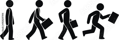 Black stick figure men with briefcases illustrate various paces of business travel and daily routines
