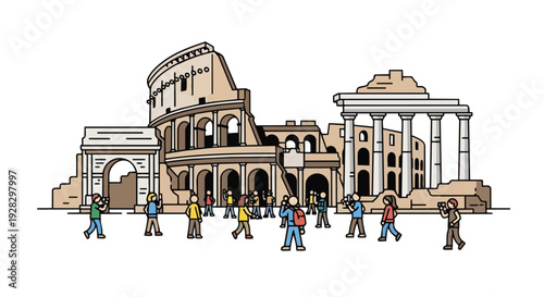 Flat 2D vector illustration of tourists walking in front of famous travel landmarks, including the Colosseum and ancient Roman arches, against a clean white background.