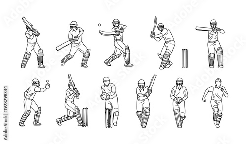 Cricket player line art illustration set action poses sketch style cricketer doodle vector isolated on white background
