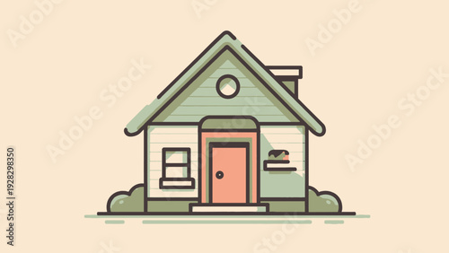 Vector illustration of a quaint house with a green roof and a peach-colored door, set against a muted background