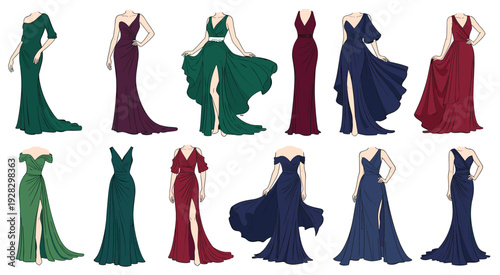 Elegant Evening Gowns Collection Vector Art Isolated on white background
