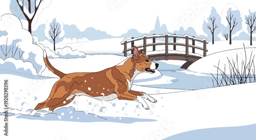 A brown dog runs playfully through a snowy park with a bridge in the background, illustrated in a flat 2D vector style.