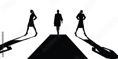 Fashion Models Strutting on Catwalk Dramatic Shadows Silhouette Style Runway Show Fashion Industry Isolated on white background