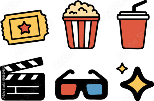 Cinema and Movie Icon Set – Popcorn Ticket 3D Glasses Vector Collection