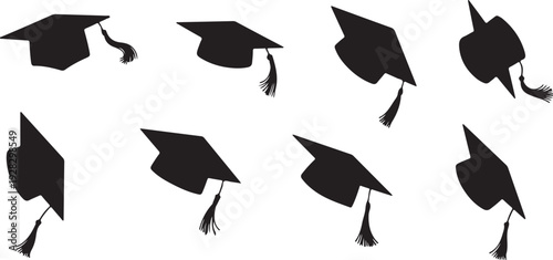 Nine graduation caps arranged in a circular pattern on a white background