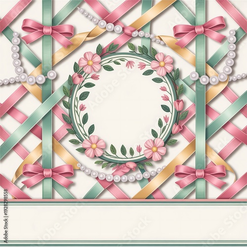 
Pastel Pink & Blue Ribbon Lattice Frame with Cute Bows, Pearls & Flowers – Sweet Girly Border for Baby Shower, Birthday Invitations & Feminine Designs  