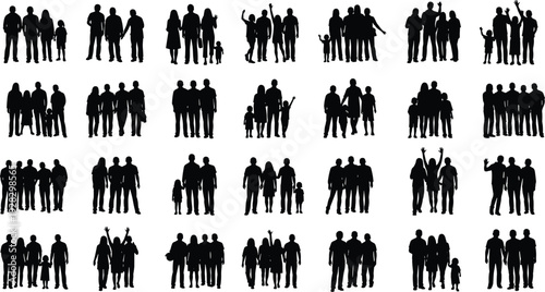 Family silhouette icons, black vector design, adults and children, unity, diversity, relationships, group formation, social structure, infographic, representation