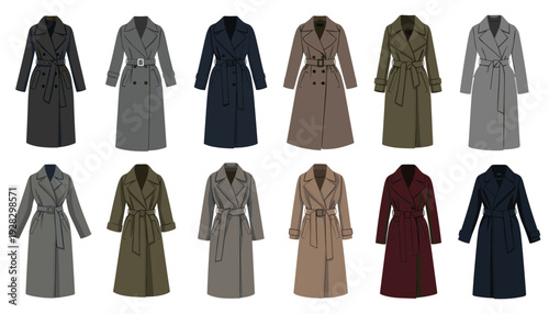 Fashion Trench Coats Collection in Various Colors and Styles Isolated on white background