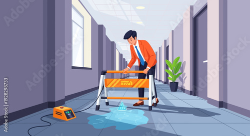 Janitor Cleaning Floor with Steam Cleaner.