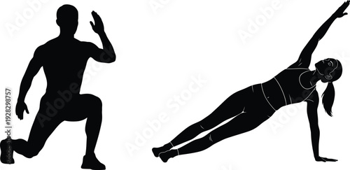 Silhouette of two people in yoga poses one in a lunge and the other in a side plank on a white background silhouette