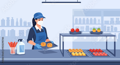 Female Worker Preparing Fresh Fruit Salad.