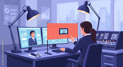 Woman Working on Computer with Multiple Monitors.