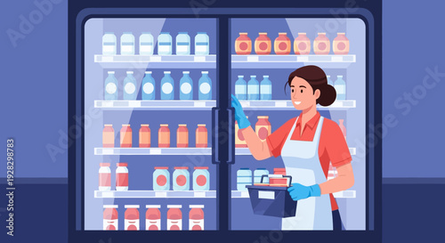 Woman in Apron Holding Orange Juice Bottle.