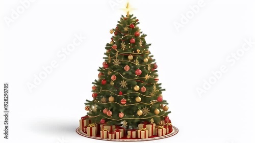 Ornate Christmas tree adorned with lights, ornaments, and presents, against a white background